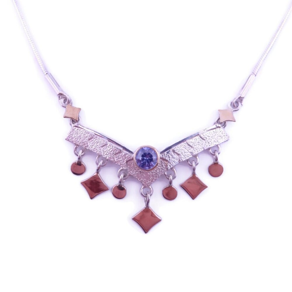 MICHOU Synthetic Tanzanite Silver and Gold Accented Chevron Dangle Necklace NWOT